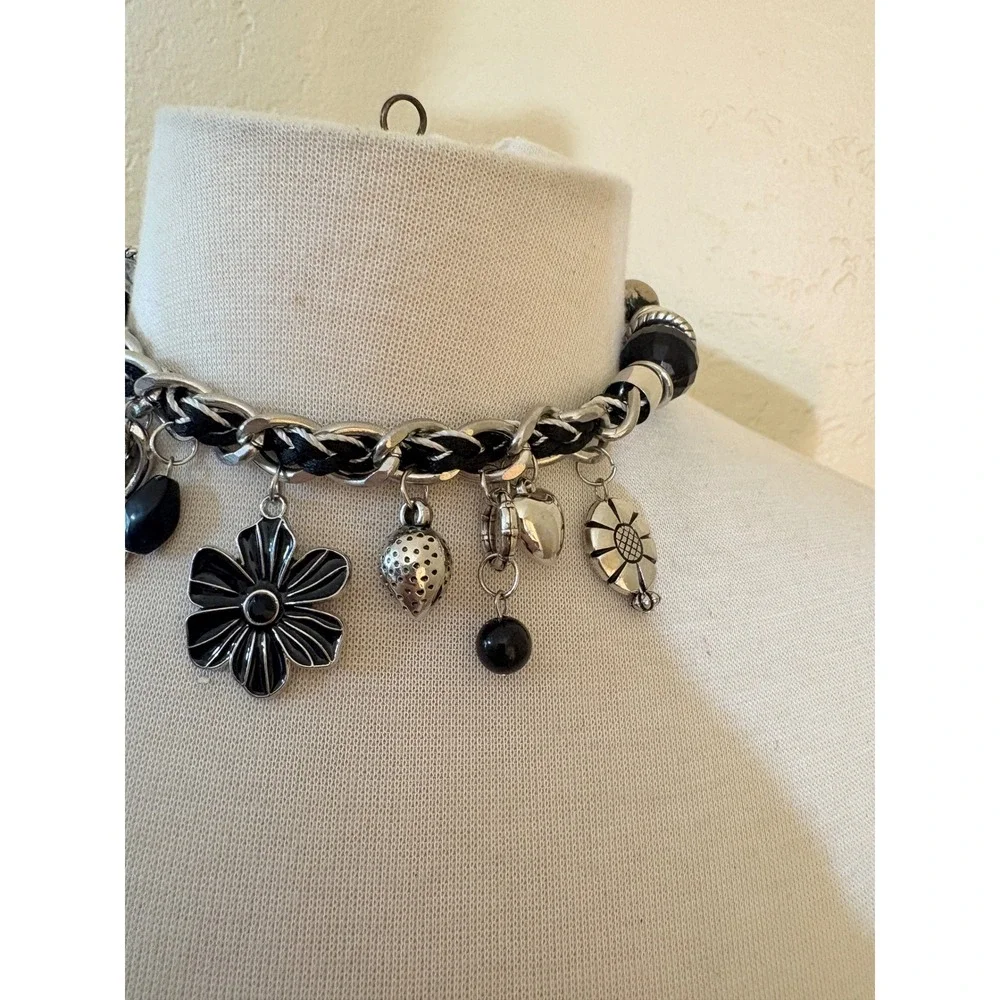 Chunky Silver Black Woven‎ Chain Charm Choker Necklace Heart Flower Y2K Grunge